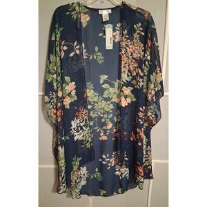 NWT Emory Park Women’s Size 1X Caley Open Front Floral Navy Kimono Beachy